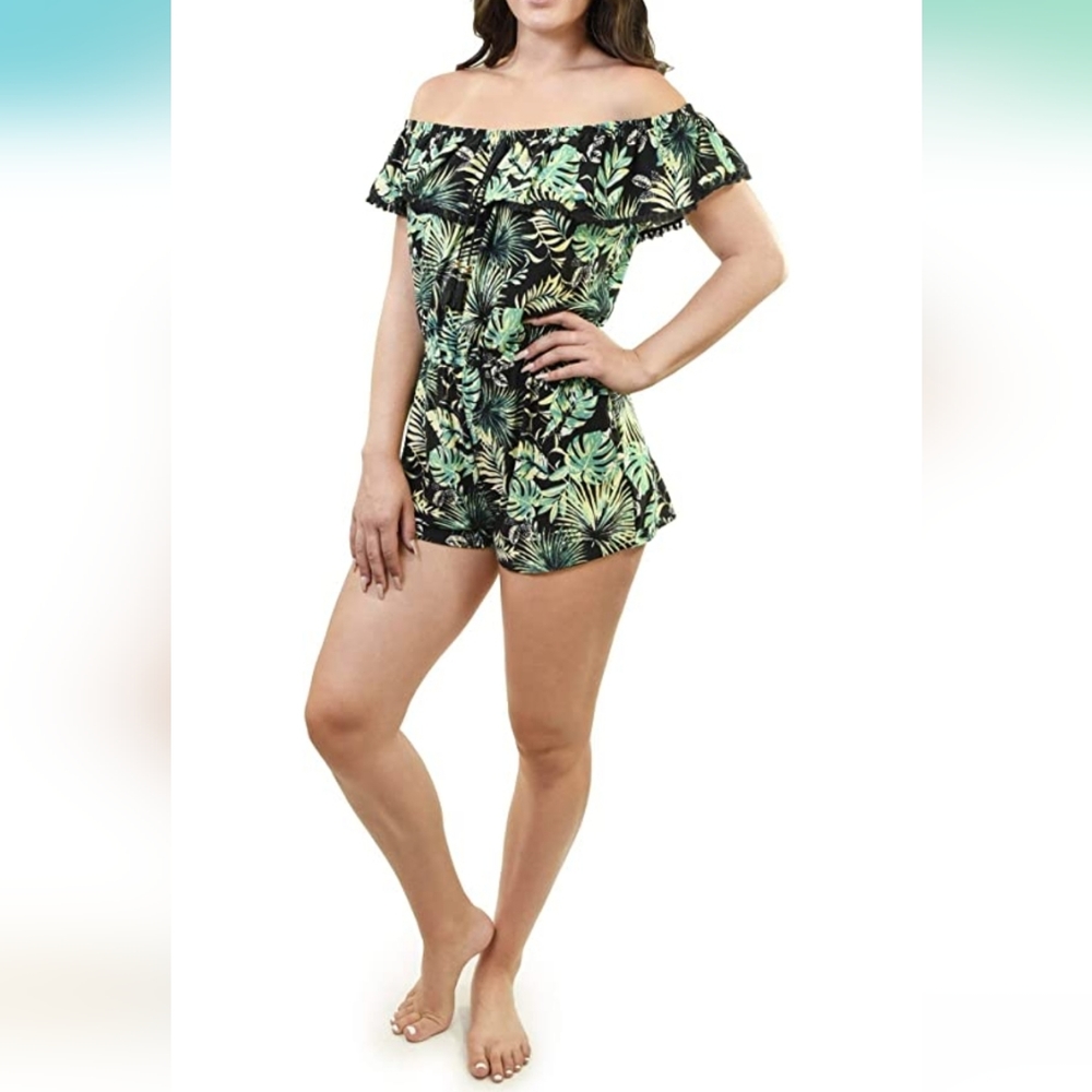 NWT Decree Tropical Palm Floral Off The Shoulder Romper Small